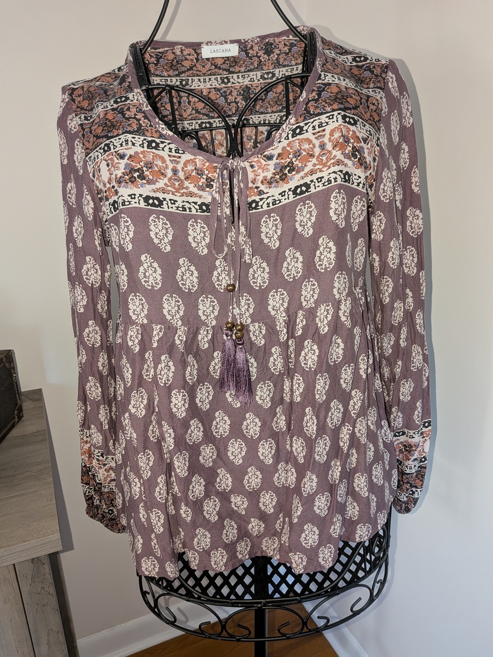 Lascana Boho Mixed Floral Paisley Print Tassel Blouse - Purple / Mauve - Size 4